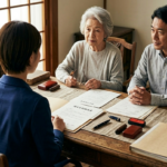 女性行政書士が高齢女性とその息子さんの相続相談を受けている様子