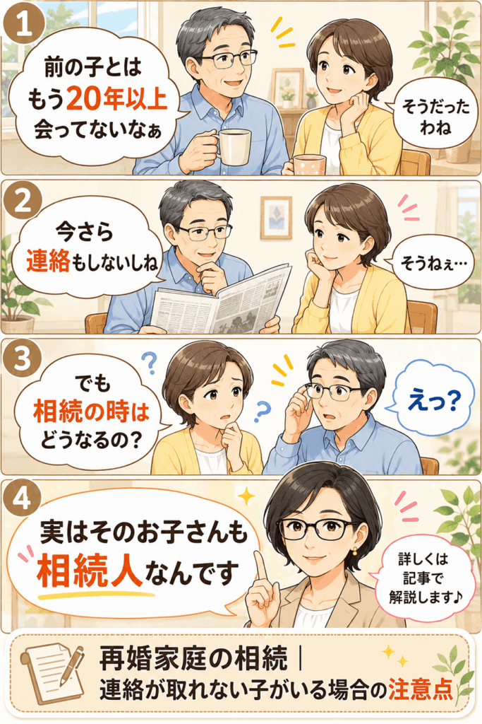 再婚家庭の相続に関する4コマ漫画。前妻・前夫との間の子どもも相続人になることを、行政書士あぐい先生が分かりやすく紹介。連絡が取れない子がいる場合の相続トラブルについて記事へ誘導する導入漫画。