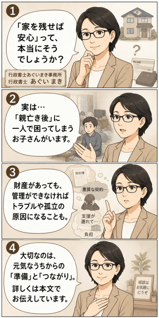 4コマ漫画。親亡き後に一人残された子どもの将来について、財産を残すだけでは安心できない現実と、事前準備の大切さを伝える導入漫画。