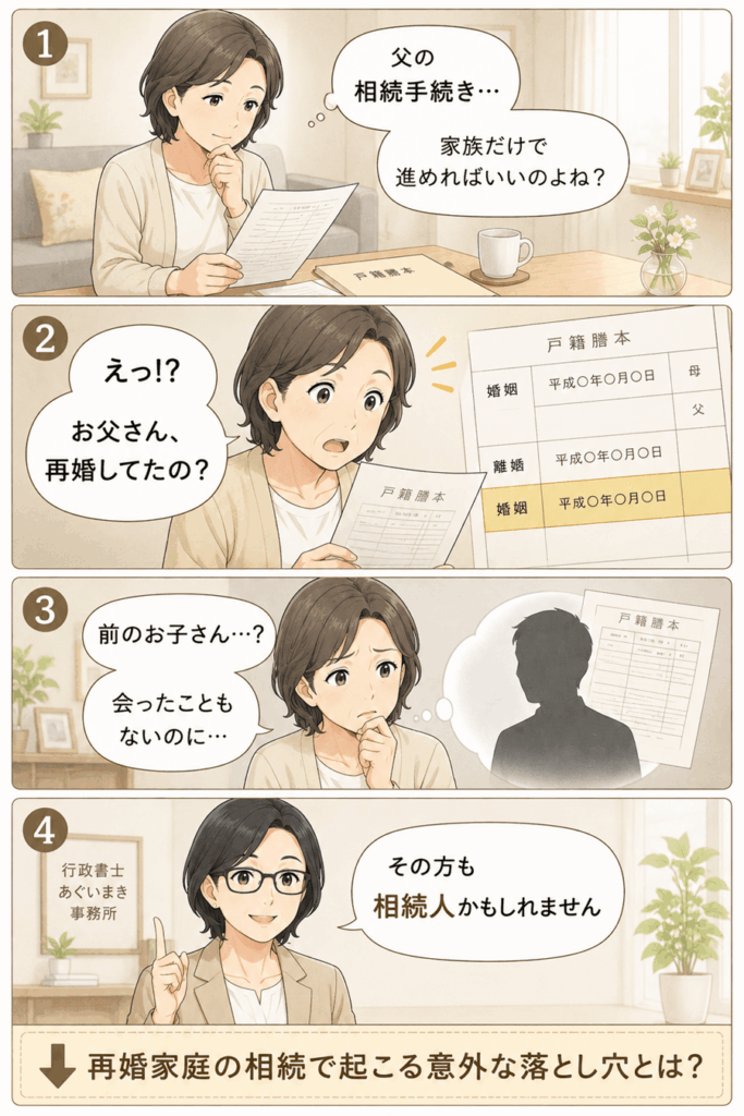 再婚家庭の相続で前妻の子も相続人になる可能性を紹介する4コマ漫画